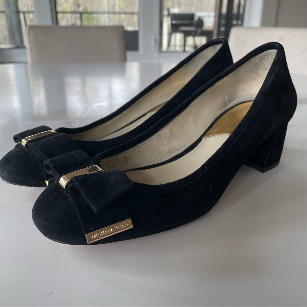 Michael Kors black suede chunky heels gold detail size 7